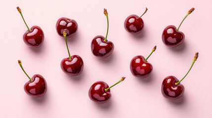 Aufkleber - Delicious dark red cherries arranged in heart shape on soft pink background, showcasing their glossy texture and vibrant color, perfect for sweet treat or decoration
