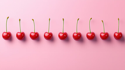 Aufkleber - Fresh red cherries arranged in row on pink background, showcasing their glossy texture and vibrant color. Perfect for food photography or design projects