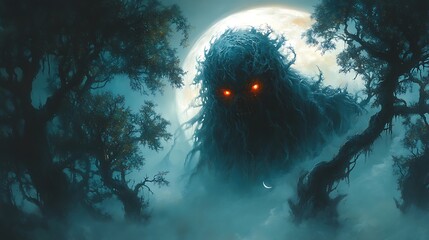 Wall Mural - a shadowy creature with glowing red eyes lurking among twisted trees under a spooky moon