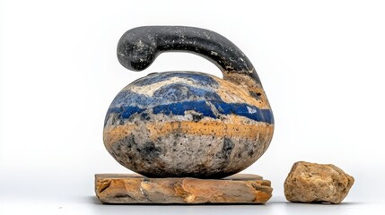 Weathered Stone Weight With Black Handle on White Background