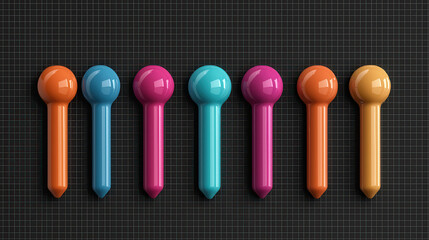 Fototapete - Colorful 3D position pins arranged in seamless row on grid background, showcasing vibrant hues of orange, blue, pink, and more, perfect for design and organization