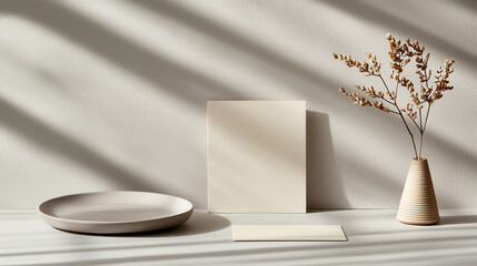 Poster - serene and luxurious minimalistic composition featuring round plate, blank canvas, and textured vase with dried flowers, all bathed in soft shadows