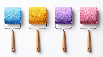 Leinwandbilder - Colorful paint rollers in blue, yellow, purple, and pink arranged on white background, perfect for home improvement projects and artistic endeavors