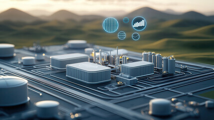 Poster - sleek industrial plant situated on light green plains, showcasing advanced technology and data visualization. landscape features rolling hills and modern facility