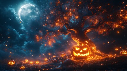 Wall Mural - a twisted tree with glowing jack o lantern faces carved into its bark under a spooky moon