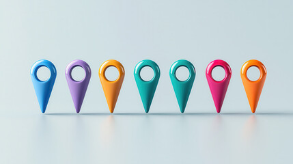 Poster - Visually striking row of seven glossy location pins in various colors. These vibrant markers are perfect for representing different locations or points of interest