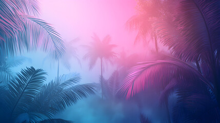 Wall Mural - Illustration of a tropical background in neon light in retro 