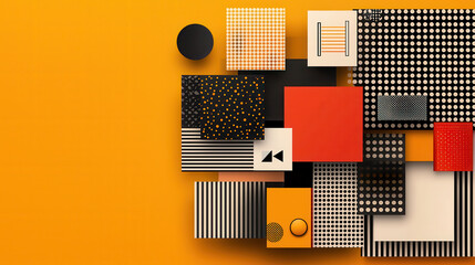 Poster - Colorful abstract design featuring geometric patterns and shapes on vibrant yellow background, creating modern and dynamic visual experience