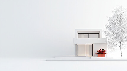 Poster - Modern house with large red gift bow, minimalist design, winter scene