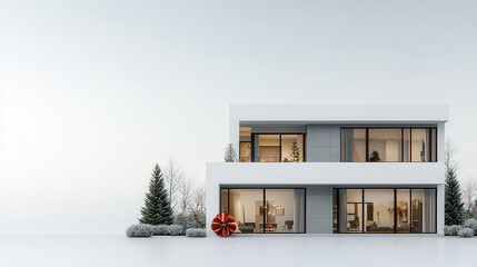 Poster - Modern two story house with large windows, surrounded by snow covered trees and minimalist landscape. design features festive decoration, creating serene winter atmosphere