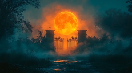 A cemetery gate creaking open with eerie mist drifting under a glowing pumpkin moon