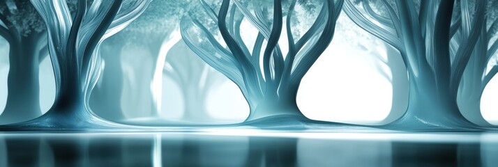 Fototapete - Glowing reflections in a glass forest with abstract tree shapes creating a serene atmosphere. Generative AI
