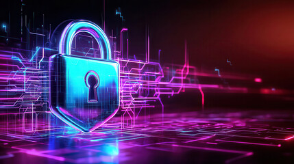 Poster - Digital visualization of cyber security featuring 3D lock symbol, glowing in vibrant colors against futuristic background. This represents data protection and technology