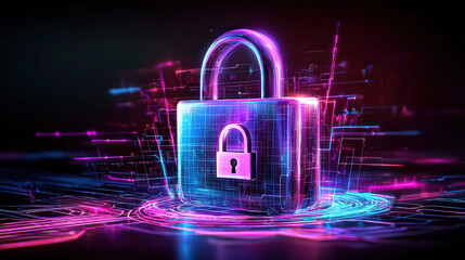 Aufkleber - Digital visualization of cyber security featuring 3D lock in vibrant colors, symbolizing protection and data security in technological environment