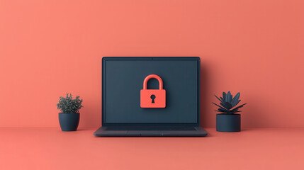 Aufkleber - laptop with glowing padlock on screen, surrounded by potted plants, symbolizes digital security and protection. vibrant background enhances modern aesthetic