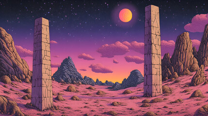 Wall Mural - Surreal Cosmic Monoliths set against a Vibrant and Breathtaking Alien Landscape filled with wonder