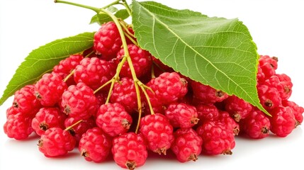 Wall Mural - Fresh Red Raspberries Tucked Among Green Leaves Against a White Background