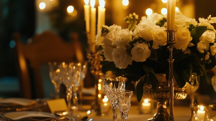 Poster - Elegant festive dining table adorned with fresh flowers and glowing candles for a special celebration. Generative AI