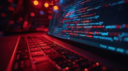 A computer keyboard with red and blue code on the screen