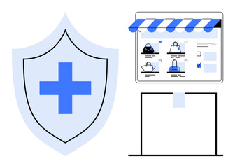 Wall Mural - Shield with medical cross and online store with handbags symbolize e-commerce security and healthcare. Ideal for cybersecurity, online shopping, healthcare, digital safety, e-commerce, security