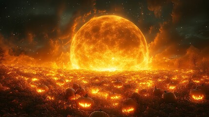 a glowing pumpkin patch with golden vines stretching infinitely under a surreal moon