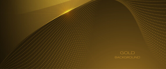 Fototapete - Illustration vector abstract wave, flow line, motion pattern and particle dot on gold color background. Modern futuristic, big data design for background. Digital datum, high tech, technology concept