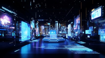 Wall Mural - Futuristic Cityscape: A Digital Metropolis at Night