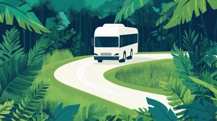 Leinwandbilder - Tour bus travels on winding road through lush greenery in a serene natural landscape. Generative AI