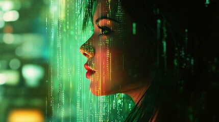 Wall Mural - Cyberpunk Woman in Digital Rain