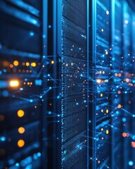 server room with glowing lights and network connections in a futuristic digital style