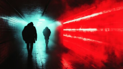 Wall Mural - two figures walk down a dimly lit tunnel, one side bathed in cool blue light, the other in vibrant r