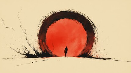 Wall Mural - a lone figure stands before a large, red circle emerging from a dark, abstract form. a dramatic and 