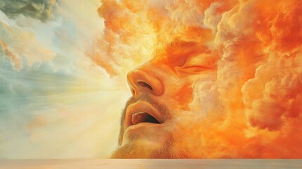 Wall Mural - Surreal artwork depicting a man's face emerging from fiery clouds, evoking feelings of transcendence and intense emotion. Warm, vibrant colors dominate the piece.