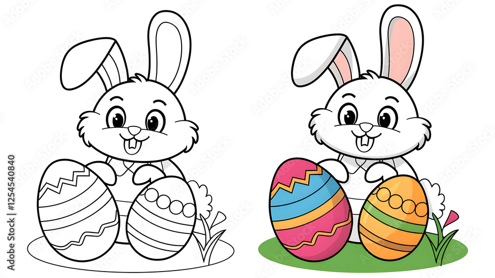 Cartoon-style coloring page of a rabbit with Easter eggs and a colored ...