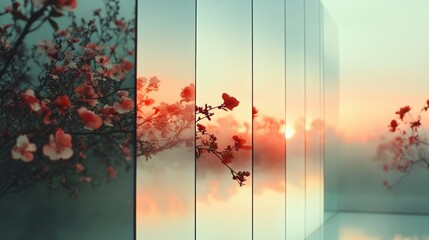 Poster - Pink blossoms reflected in a glass wall at sunset. Serene and peaceful scene.