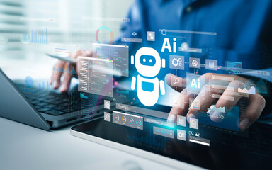 ai artificial intelligence technology for data analysis, research, planning, and work generate. man 