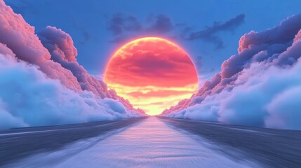 Canvas Print - Surreal road to a giant sunset, pink and orange hues dominate the sky. Dreamlike, peaceful scene.