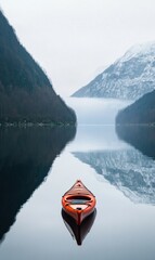 Poster - Relaxing kayak experience on a calm mountain lake reflecting majestic peaks and tranquil surroundings. Generative AI