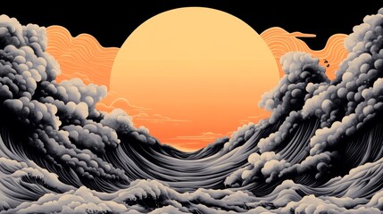 Wall Mural - Dramatic illustration of dark waves crashing under a large, warm-toned sun.  A sense of power and serene beauty.