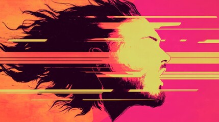 Wall Mural - Abstract portrait of a man with flowing hair, set against a vibrant pink and orange background. Speed lines create a dynamic feel.