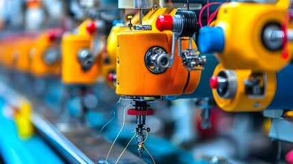 Aufkleber - A row of vibrant automated industrial sewing machines in a modern well organized garment factory showcasing the technological advancements and efficiency of textile manufacturing processes