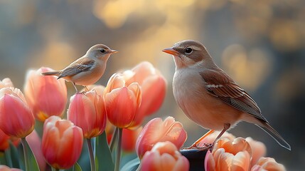 Wall Mural - A beautifully arranged bouquet of tulips placed on a garden table with a delicate bird perched beside it under soft natural light