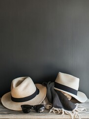 Aufkleber - Fashion accessories collection displayed on a wooden table featuring stylish hats, scarves, and sunglasses. Generative AI