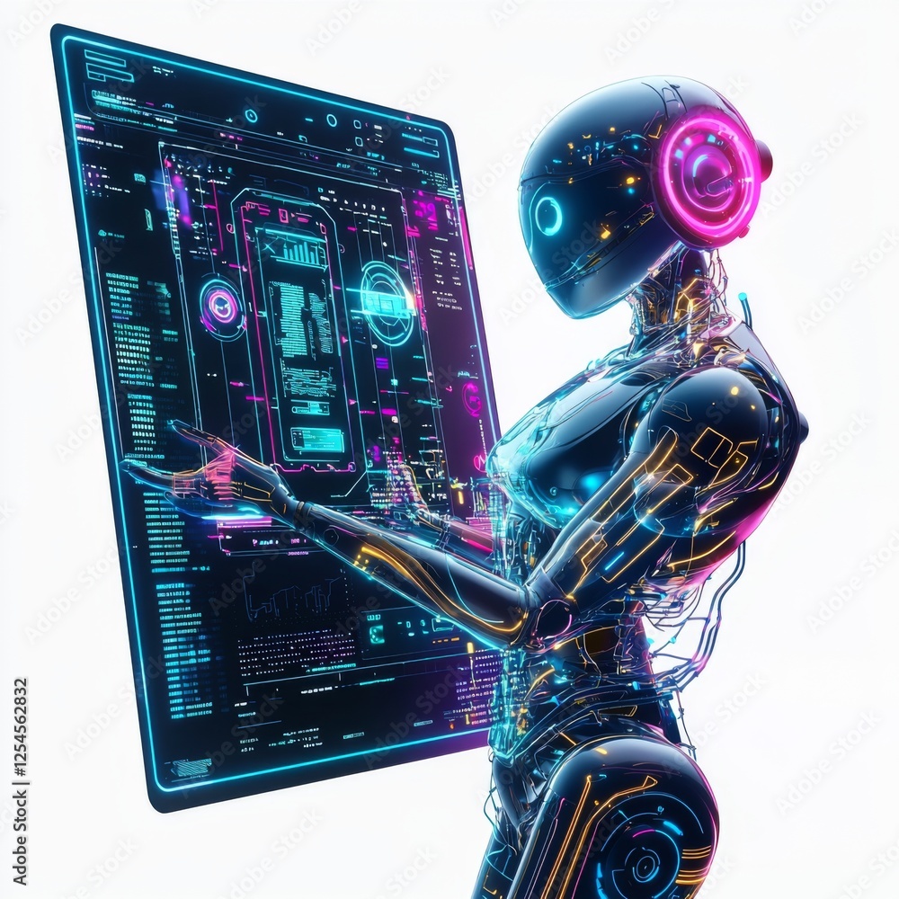 Futuristic humanoid robot interacting with digital interface ...