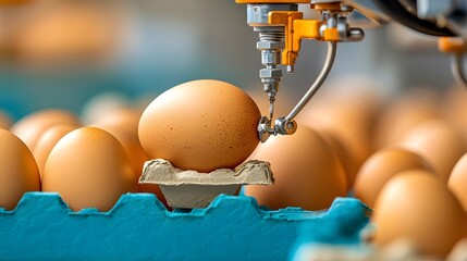 Aufkleber - Automated egg packaging line sealing egg cartons in a modern industrial production facility with robotic and mechanical equipment on a conveyor system