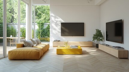 Wall Mural - Modern living room with yellow sofa, two TVs, garden view