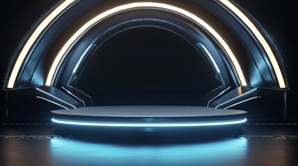 Poster - Futuristic Illuminated Stage with Glowing Arches and Platform in Dark Interior Space