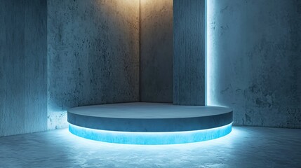 Poster - Modern Concrete Podium with Neon Blue Light in Minimalist Interior for Product Showcase Display