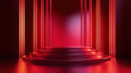 Poster - Elegant Red Stage with Geometric Pillars for Product Display or Abstract Art Presentation