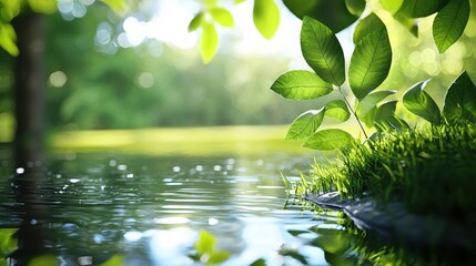 Serene waterside scene with lush green leaves reflecting light creating a tranquil ambiance